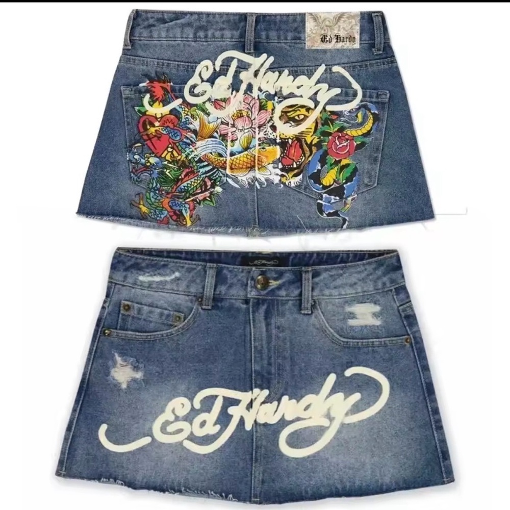 Ed Hardy Embroidered Blue Jean Shorts